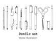 Isolated set of stationery hand drawn in cartoon style. Sketch of writing items. Doodle writing supplies, pen, pencil, scissors Cool design elements for infographic, web design, background. School