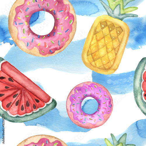 Stoffe zum Nähen Aquarell Musterdesign mit Pool schwimmt. Handgemalte Luft Spielzeug und Wasser isoliert auf weißem Hintergrund. Donut, Ananas und Wassermelonen Spielzeugen. Urlaub-Abbildung. Für Design, Print oder Hintergrund.