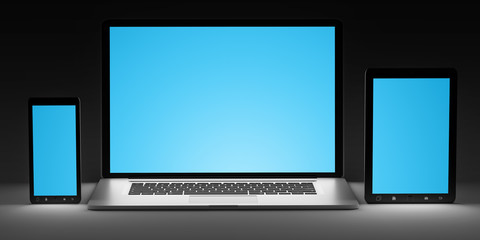 Dark modern computer laptop mobile phone and tablet 3D rendering
