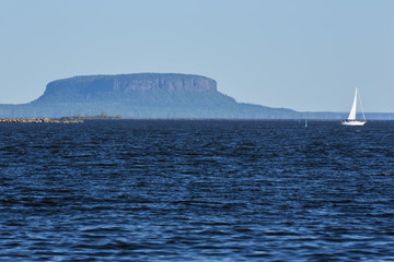 Lake Superior at Thunder Bay with a butte in the background.