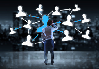 Poster - Businessman watching social network sketch on a rooftop 3D rendering