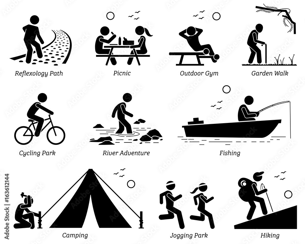 Outdoor Recreation Recreational Lifestyle and Activities. Pictogram depicts reflexology path, picnic, outdoor gym, garden walk, cycling park, river adventure, fishing, camping, jogging, and hiking.  - obrazy, fototapety, plakaty 