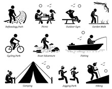 Outdoor Recreation Recreational Lifestyle And Activities. Pictogram Depicts Reflexology Path, Picnic, Outdoor Gym, Garden Walk, Cycling Park, River Adventure, Fishing, Camping, Jogging, And Hiking. 