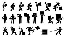 Man Carrying And Picking A Box In Various Poses, Postures, And Positions. 