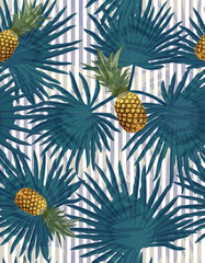 Tropical seamless pattern with pineapples, exotic palm leaves on striped background.