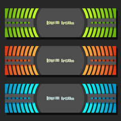 Wall Mural - Vector set of Banner templates: 3 colorful futuristic headers with curve element on grey background, three horizontal banners with geometric design for business text, layout banners backdrop for sale.