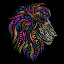 Vector Silhouette Of A Lion From Beautiful Patterns With A Color Mane On A Black Background