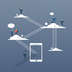 Poster - Business People Group On Clouds, Connection Technology Online Internet Corporate Data Access Flat Vector Illustration