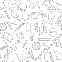 Wall Mural - Seamless pattern on the theme of science and inventions, diagrams, charts, and equipment, simple contour icons on white background