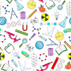 Wall Mural - Seamless pattern on the theme of science and inventions, diagrams, charts, and equipment, simple icons on white background