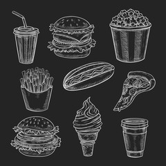 Wall Mural - Fast food lunch meal chalk sketch on blackboard