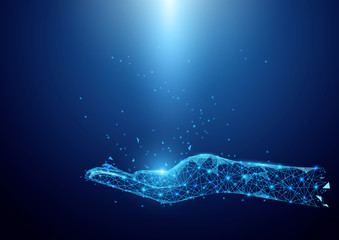 Aufkleber - Wireframe hand sign mesh from a starry on blue background