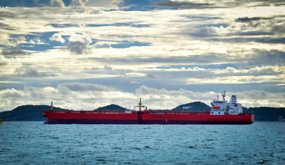 Wall Mural - Large cargo vessel anchoring in open sea with island background. Cargo shipping and logistics.