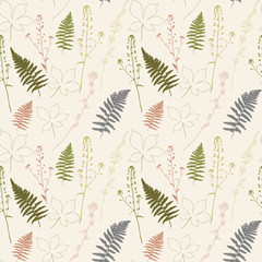  Floral vector seamless pattern with fern leaves, shepherd's purse plant, chestnut tree leaves and chicory flowers
