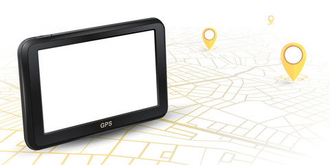 Wall Mural - GPS navigator unit mock up on map with gps icon yellow color