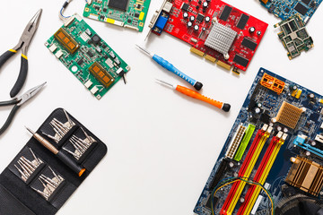 Poster - Computer upgrade. Motherboard and tools flat lay