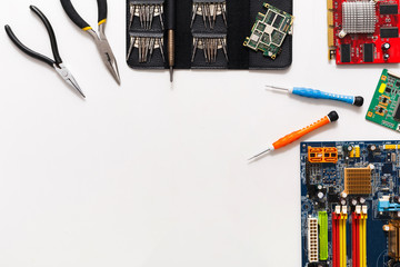 Poster - Computer upgrade. Motherboard and tools flat lay