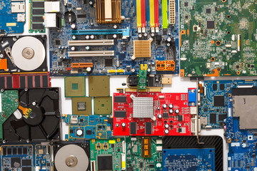 Poster - Computer microcircuits and hdd disassembled close up