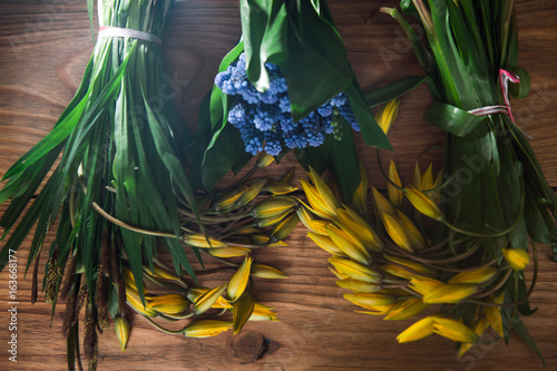Muscari And Tulips On Table Closeup Bouquet Top View Colorful