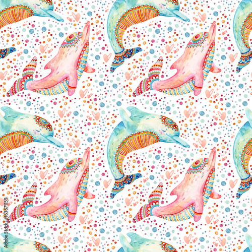Obraz na płótnie Watercolor lovely dolphins seamless pattern on background with bubbles