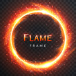 Realistic round light fire flame frame with inscribed text, vector template illustration on transparent background