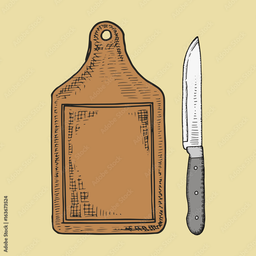Kitchen knife and cutting board sketch. Hand drawing isolated vector Stock  Vector | Adobe Stock, image size:1000x1000