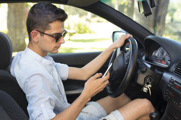 Wall Mural - man driving looking at mobile phone