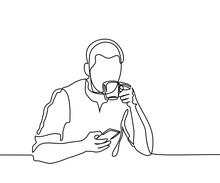Young Man Browsing Cell Phone And Drinking Coffee. Continuous Line Drawing. Vector Illustration