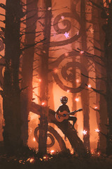 young man playing guitar in fantasy autumn forest with falling maple leaves, digital art style, illustration painting