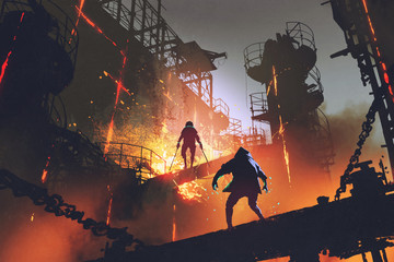 sci-fi scene showing fight of two futuristic warriors in industrial factory, digital art style, illu