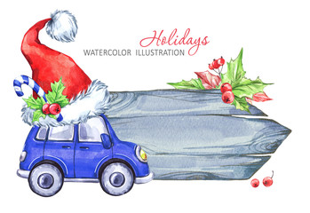 Winter watercolor greeting card, wooden frame with retro car and Santa hat.