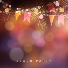 Wall Mural - Beach party, Festa Junina or Midsummer greeting card, invitation. Garden party decoration, string of light bulbs, paper flags and palm leaves. Modern blurred background. Vector illustration.