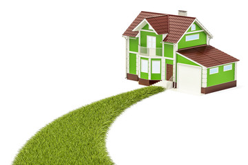 Wall Mural - Ecological house concept, green grassy way to home. 3D rendering