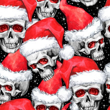 Watercolor Seamless Pattern With Sketchy Skulls In Santa Hat. Cretive New Year. Celebration Illustration. Can Be Use In Winter Holidays Design, Posters, Invitations.