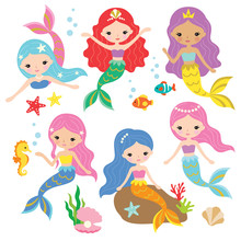 Vector Illustration Of Cute Mermaid Princess With Colorful Hair And Other Under The Sea Elements.
