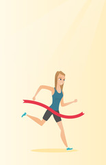 Poster - Young caucasian sportswoman crossing finish line.