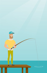 Poster - Young caucasian man fishing on jetty.