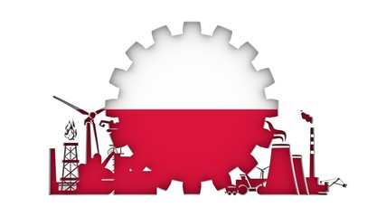 Energy and Power icons set with flag of the Poland. Sustainable energy generation and heavy industry. 3D rendering.