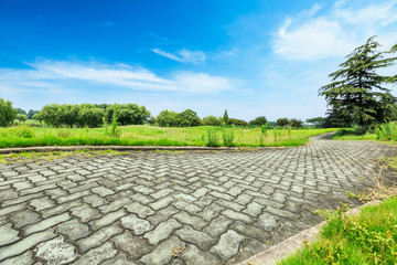 Flooring brick footpath in green park