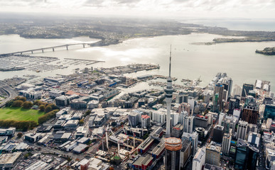 Auckland, New Zealand - May 24, 2017:  Panoramic aerial view of the Auckland city downtown