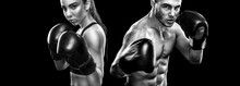 Two Sportsmans Boxers On Black Background. Copy Space. Sport Concept.