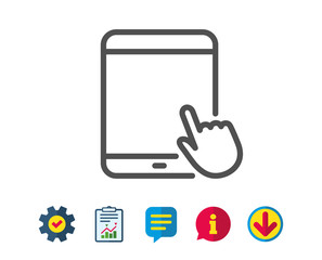 Poster - Tablet PC icon. Mobile Device with Hand cursor sign. Touchscreen gadget symbols. Report, Service and Information line signs. Download, Speech bubble icons. Editable stroke. Vector
