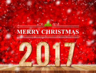 Poster - Merry Christmas 2017 word in perspective room with red sparkling bokeh lights and wooden plank floor,leave space for display of product