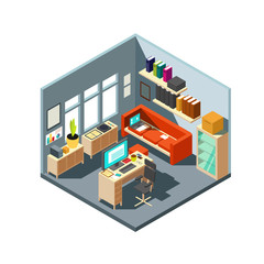 Canvas Print - Isometric home office interior. 3d workspace with computer and furniture