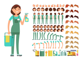 Sticker - Cleaning company employee. Woman cleaner vector character. Creation constructor with big set of body parts for animation