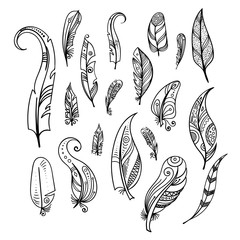 Wall Mural - bird feathers. hand drawing indian elements set isolate on white. boho style