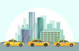 Fototapeta  - Vector background illustration of modern urban landscape with different buildings and taxi cars