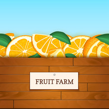 Wooden Box With Citrus Orange Fruits. Vector Card Illustration. Boards Wood Background, Border With Orange Fruit And Label. For The Design Of Packaging, Food Marmalade, Jam, Juice Detox Diet Cosmetics