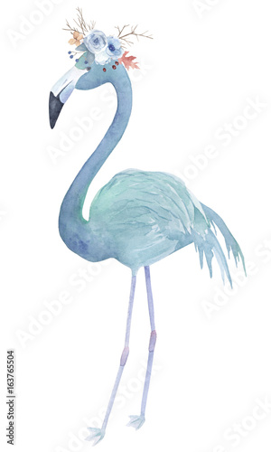 Watercolor blue flamingo with floral wreath. Hand-drawn illustration