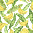 Watercolor seamless pattern with tropical green leaves and yellow bananas isolated on white background.